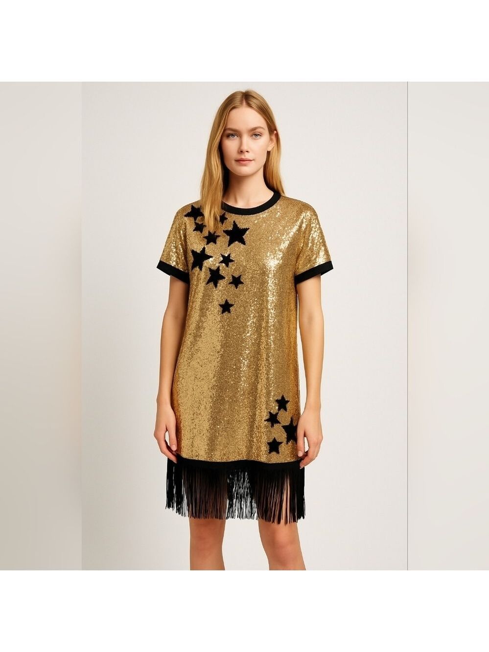 Vanilla Bay Gold Sequin Star Dress Large Black Fringe Hem Party Holiday Glam
